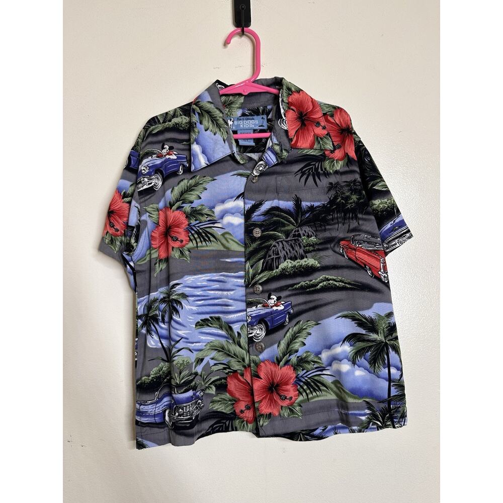 VTG 90s Big Dogs Kids Hawaiian Shirt Sz 6/7 Blue Aloha Cars Beach Ocean Floral